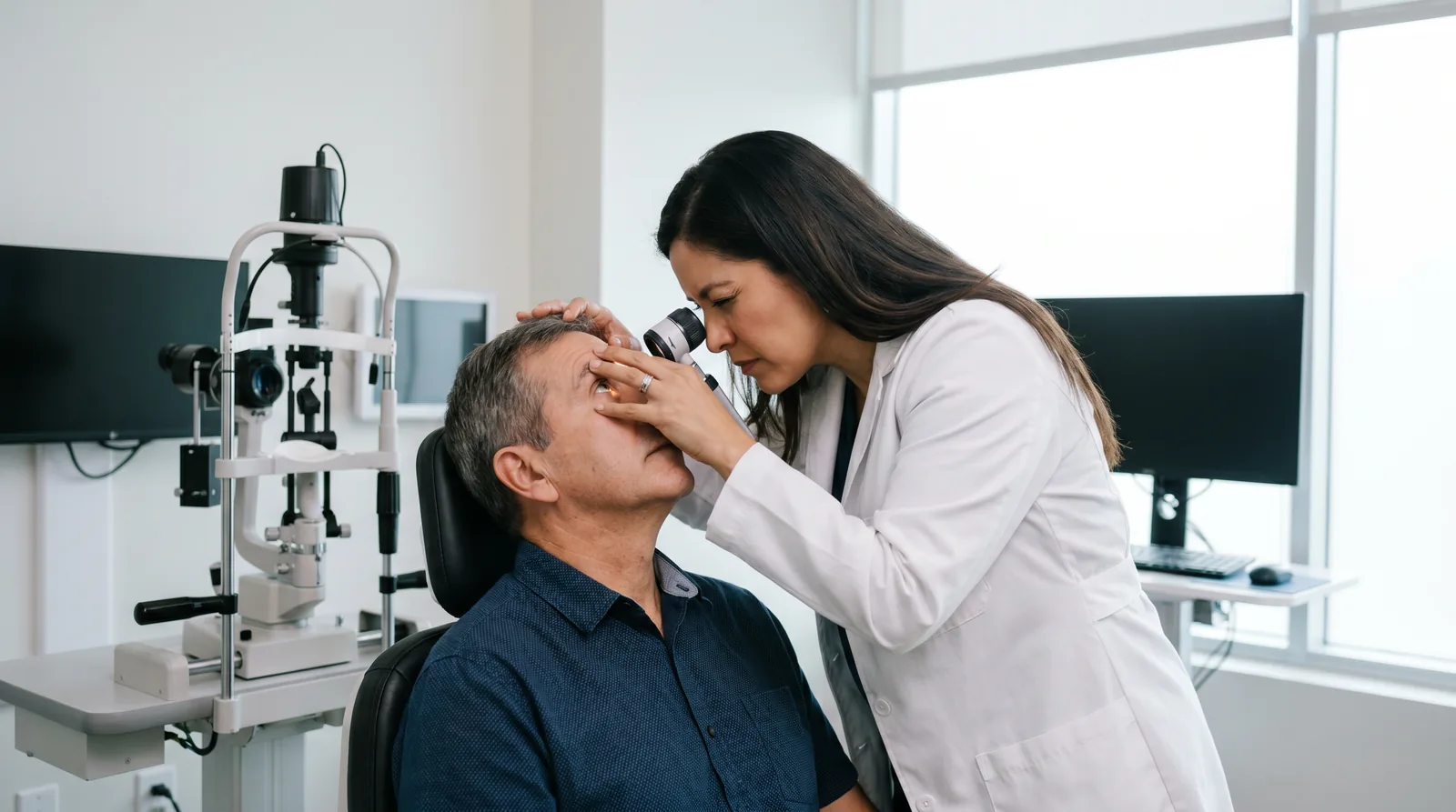 Oftalmóloga oculoplástica evaluando los párpados de un paciente en consulta