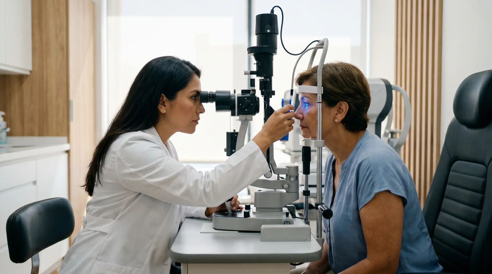 Oftalmóloga midiendo la presión intraocular de una paciente para detectar glaucoma