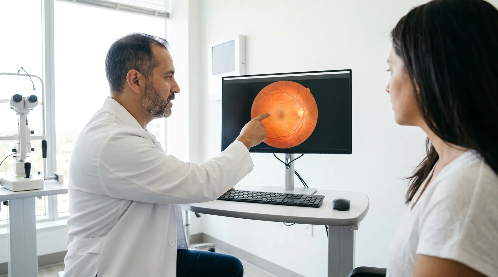 Oftalmólogo revisando una imagen de la retina de un paciente con diabetes