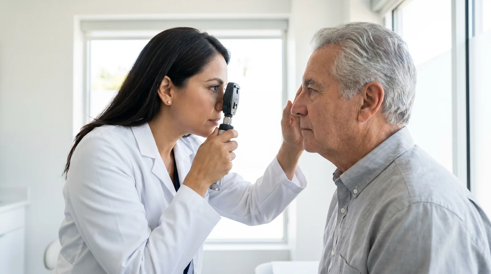 Oftalmólogo examinando los ojos de un paciente adulto mayor para detectar cataratas